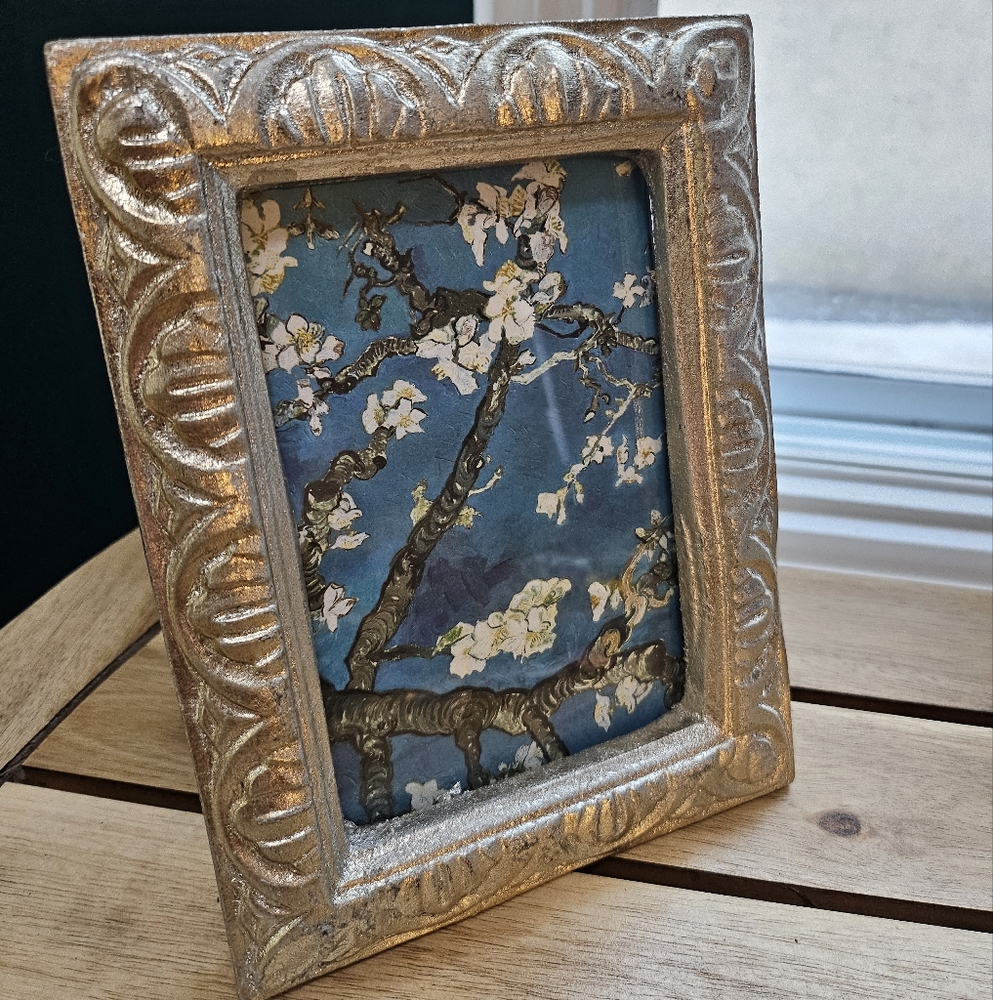 Silver Carved Decorative Frame With Japanese Floral Print